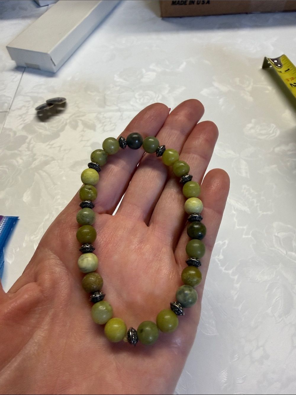 Green Beaded Stretch Bracelet with Silver Accents